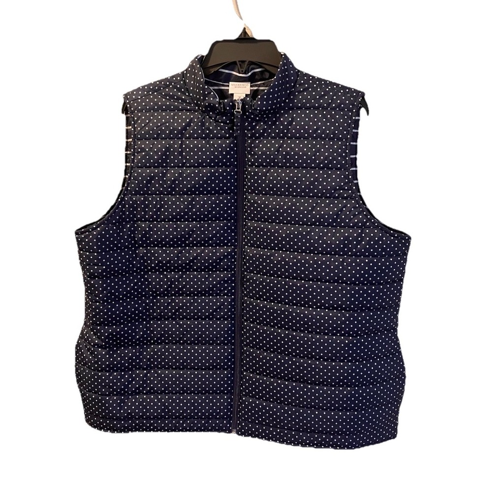 Weekends By Chicos Puffer Vest Sz 3 XL Navy Polka Dot NWT Lightweight Layer $69